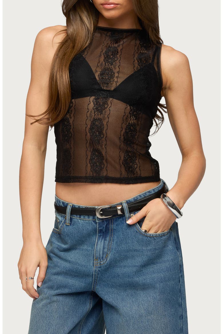 Ephie Sheer Lace Tank, Main, color, BLACK