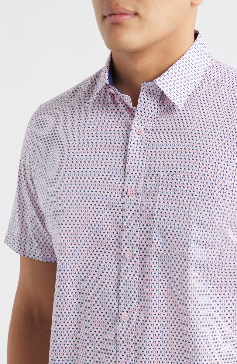 Johnston & Murphy Logan Microprint Short Sleeve Cotton Blend Button-Up Shirt, Alternate, color, Pink / Navy Bowtie