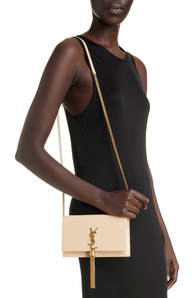 Saint Laurent Cassandre Kate Tassel Leather Wallet on a Chain, Alternate, color,