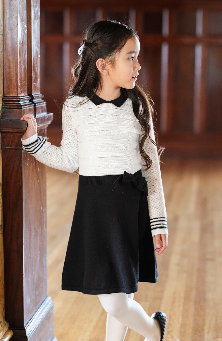 Hope & Henry Kids' Organic Peter Pan Collar Sweater Dress with Bow, Alternate, color, Soft White And Black