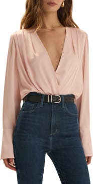 Favorite Daughter Surplice Long Sleeve Satin Bodysuit