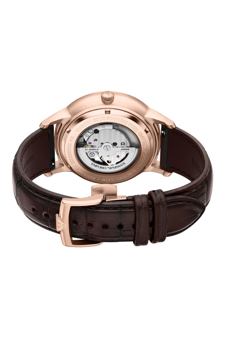 Archetipo Automatic Leather Strap Watch, Alternate, color, SILVER/ ROSE GOLD/ BROWN