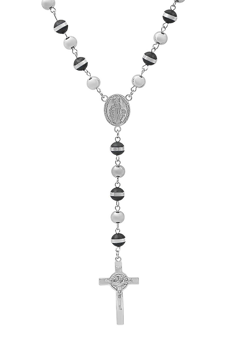 HMY JEWELRY Mixed Material Rosary Necklace, Alternate, color, Silver/ Black