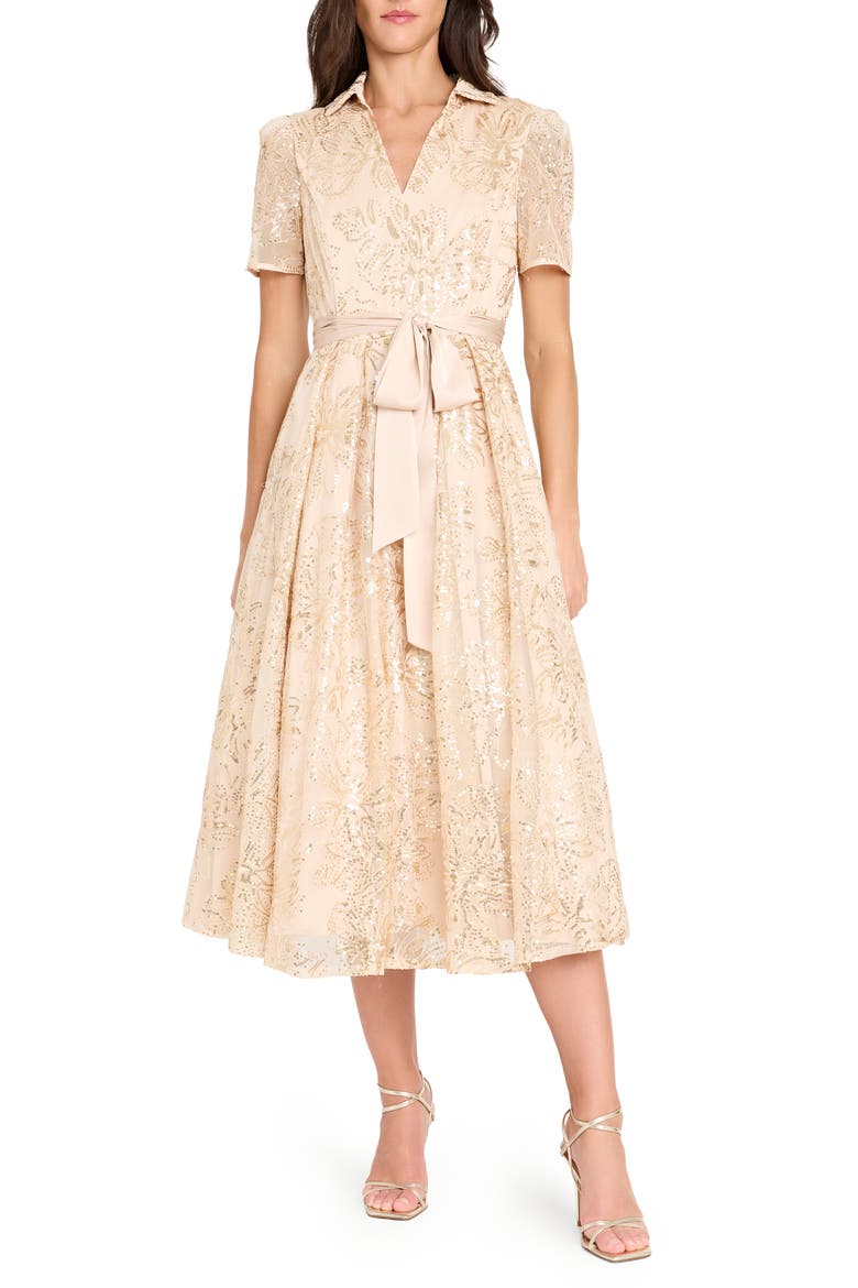 Sequin Tie Waist Midi Dress, Main, color, CHAMPAGNE