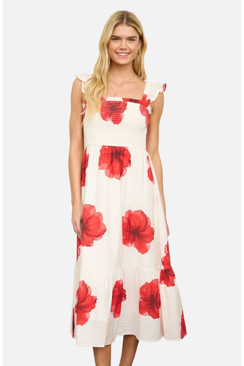 Ruffle Strap Smocked Midi Dress, Alternate, color, RED/ IVORY