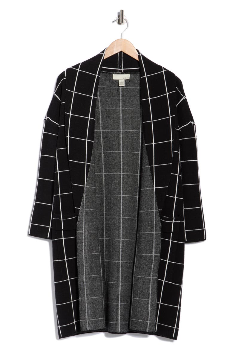 Alicia Open Front Long Cardigan, Alternate, color, BLACK/ WHITE WINDOWPANE