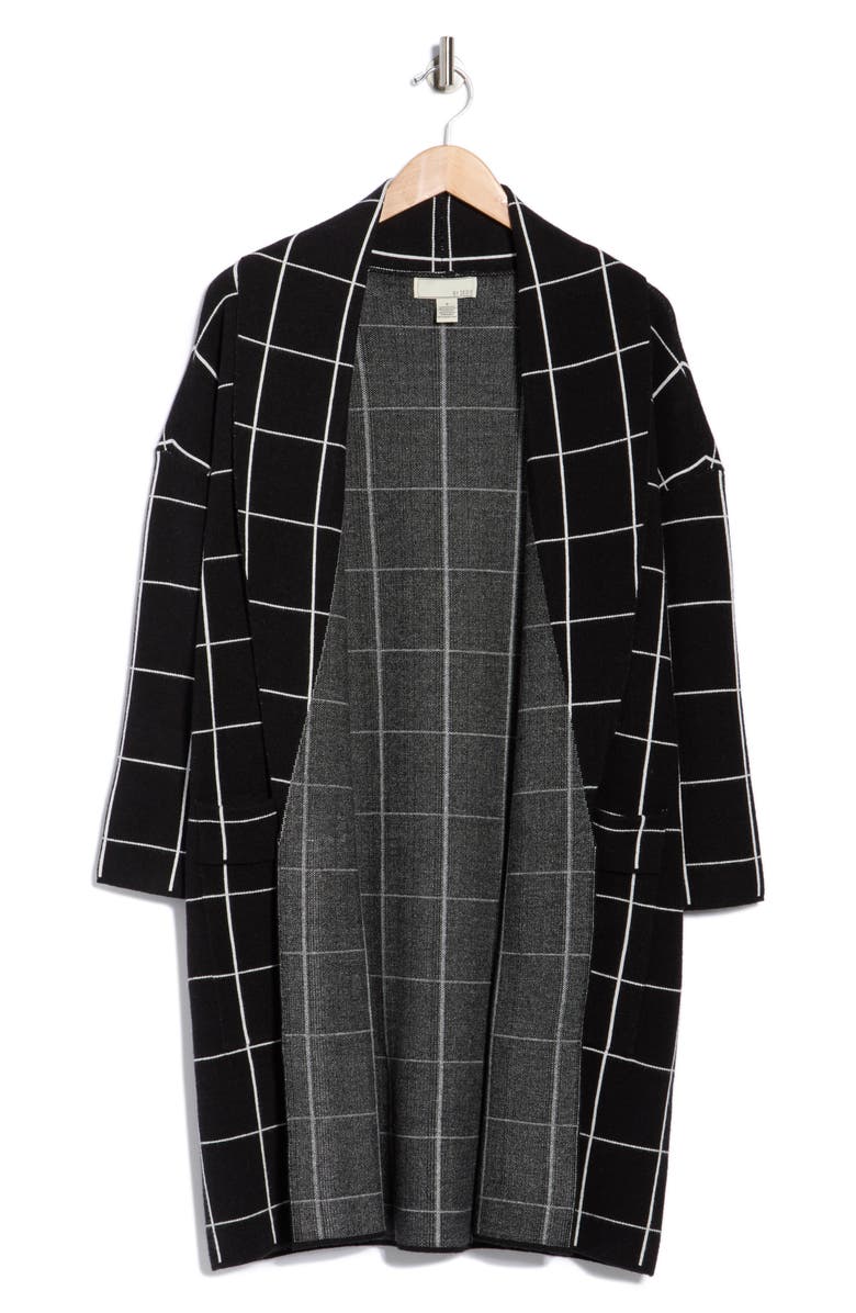 BY DESIGN Alicia Open Front Long Cardigan, Alternate, color, Black/ White Windowpane