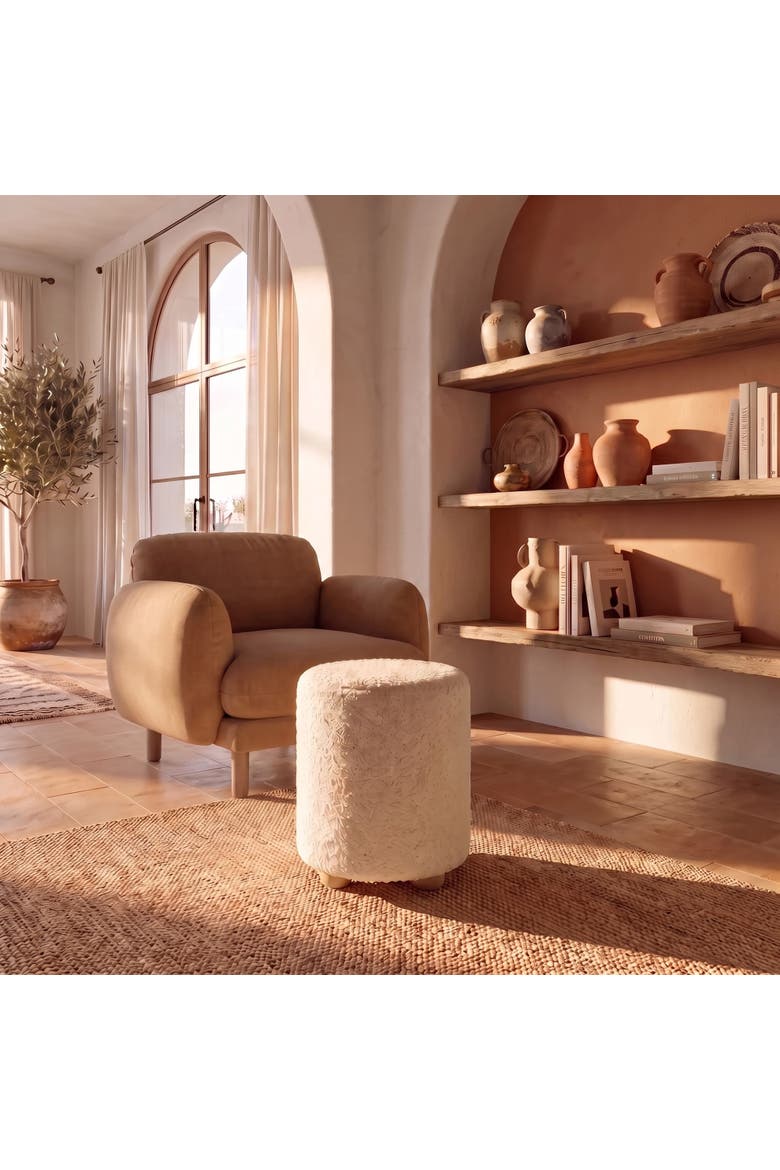 Round  Upholstered Pouf with Pine Wood Feet, Cream and Natural, Alternate, color, Cream