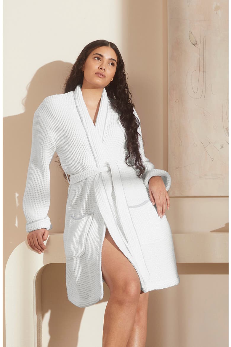 Organic Cotton Waffle Robe, Alternate, color, WHITE/ SHORE