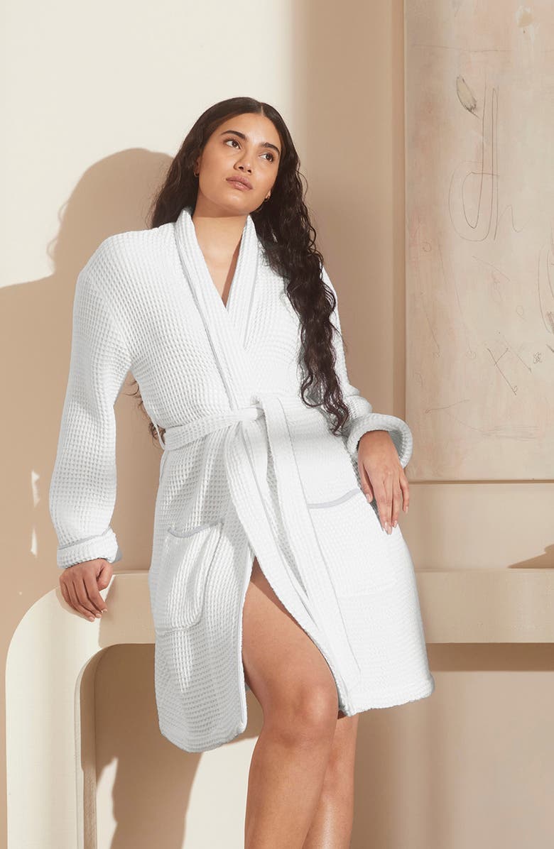 Boll & Branch Organic Cotton Waffle Robe, Alternate, color, White/ Shore