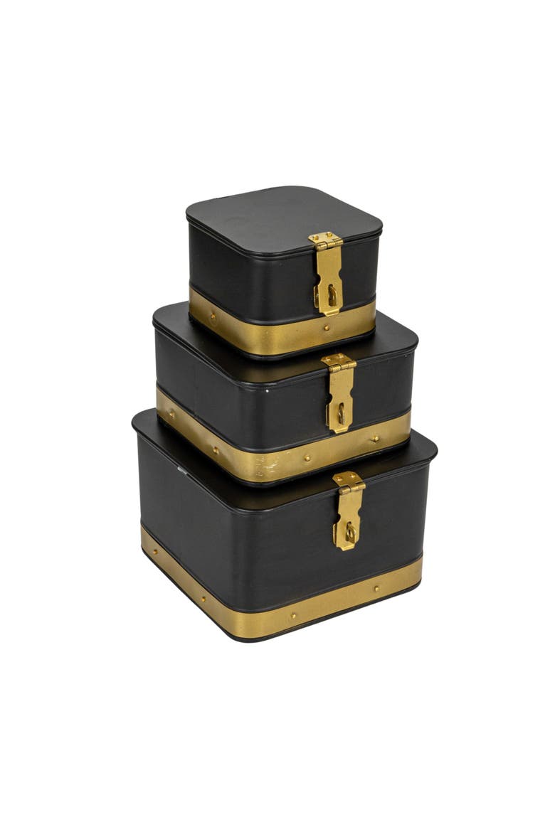 Decorative Metal Boxes with Lid, Black with Gold Band, Set of 3, Main, color, Black