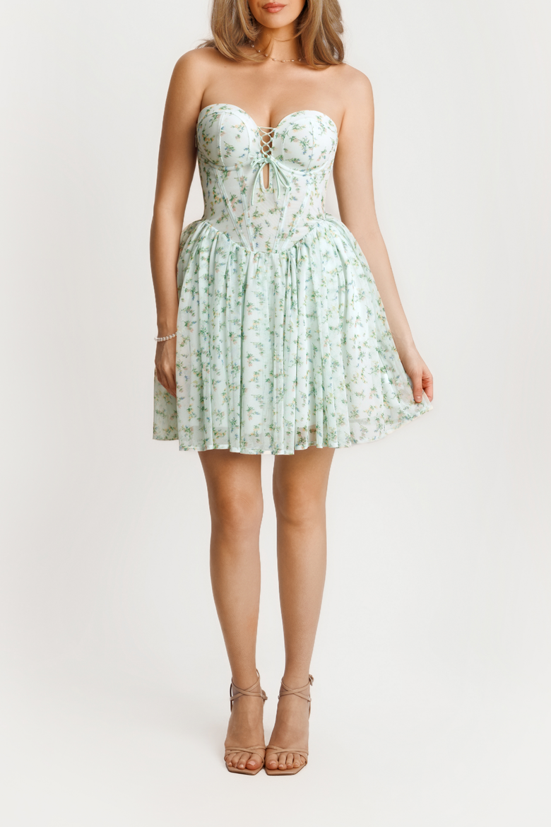 Snatched Lace Convertible Strap Mini Shapewear Romper Cottagecore Dress, Main, color, Green Floral