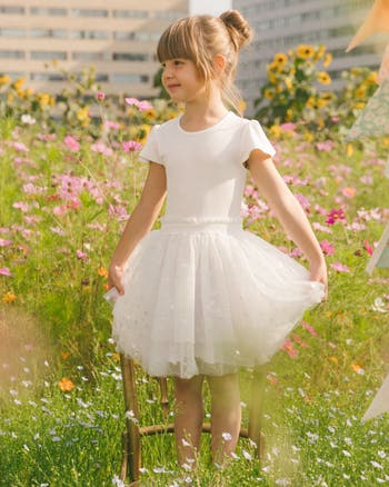 Girl's Bi-Material Dress With Glitter Hearts Skirt Snow White