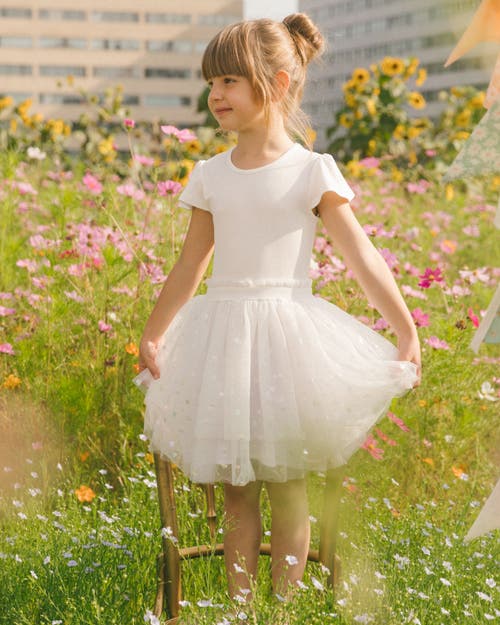 Deux Par Deux Girls' Bi-material Dress With Glitter Hearts Skirt - Big Kid In Snow White