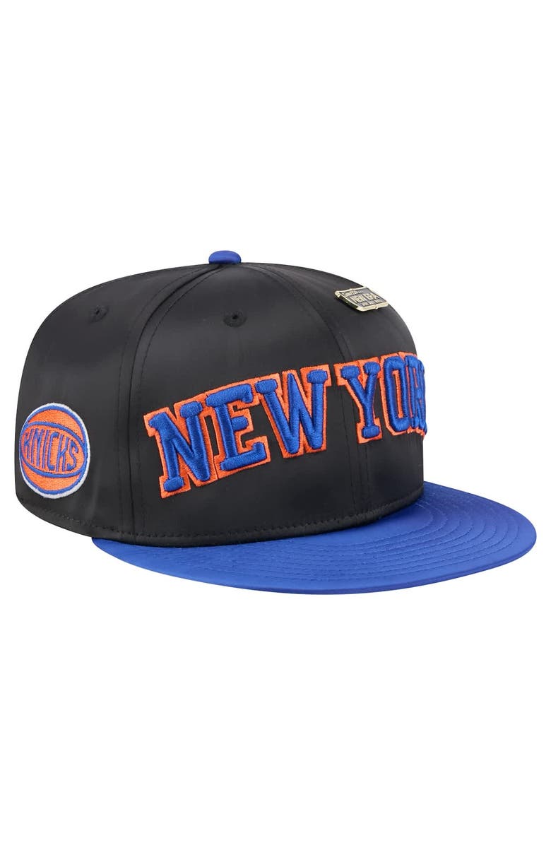 New Era Men's New Era  Black/Blue New York Knicks Throwback Satin Vintage Pin Two-Tone 59FIFTY Fitted Hat, Alternate, color, Black