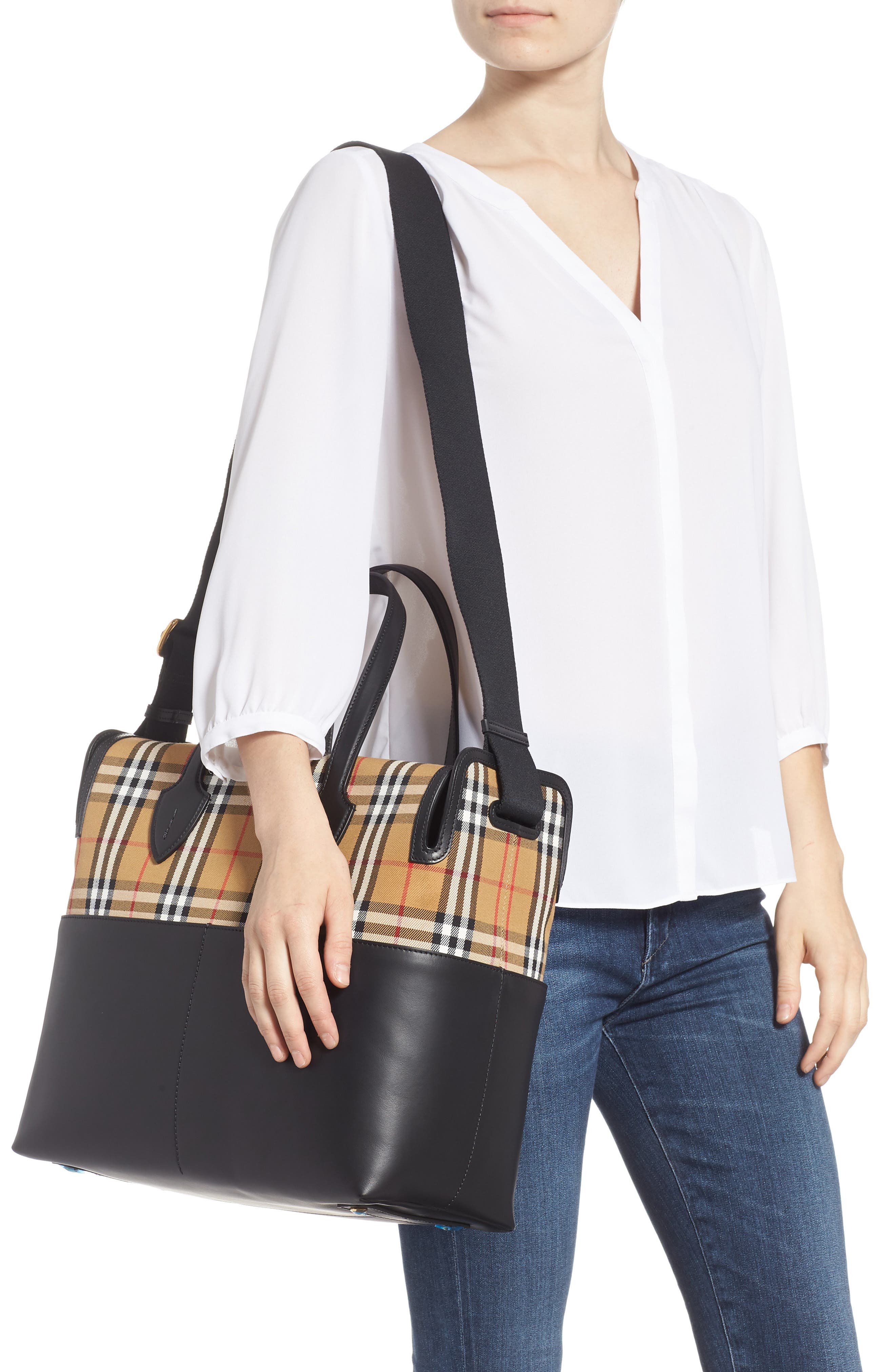 Burberry Kingswood Vintage Check & Leather Diaper Tote, Alternate, color, 