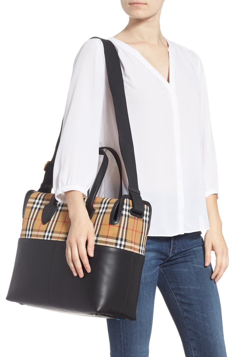 Kingswood Vintage Check & Leather Diaper Tote, Alternate, color, BLACK