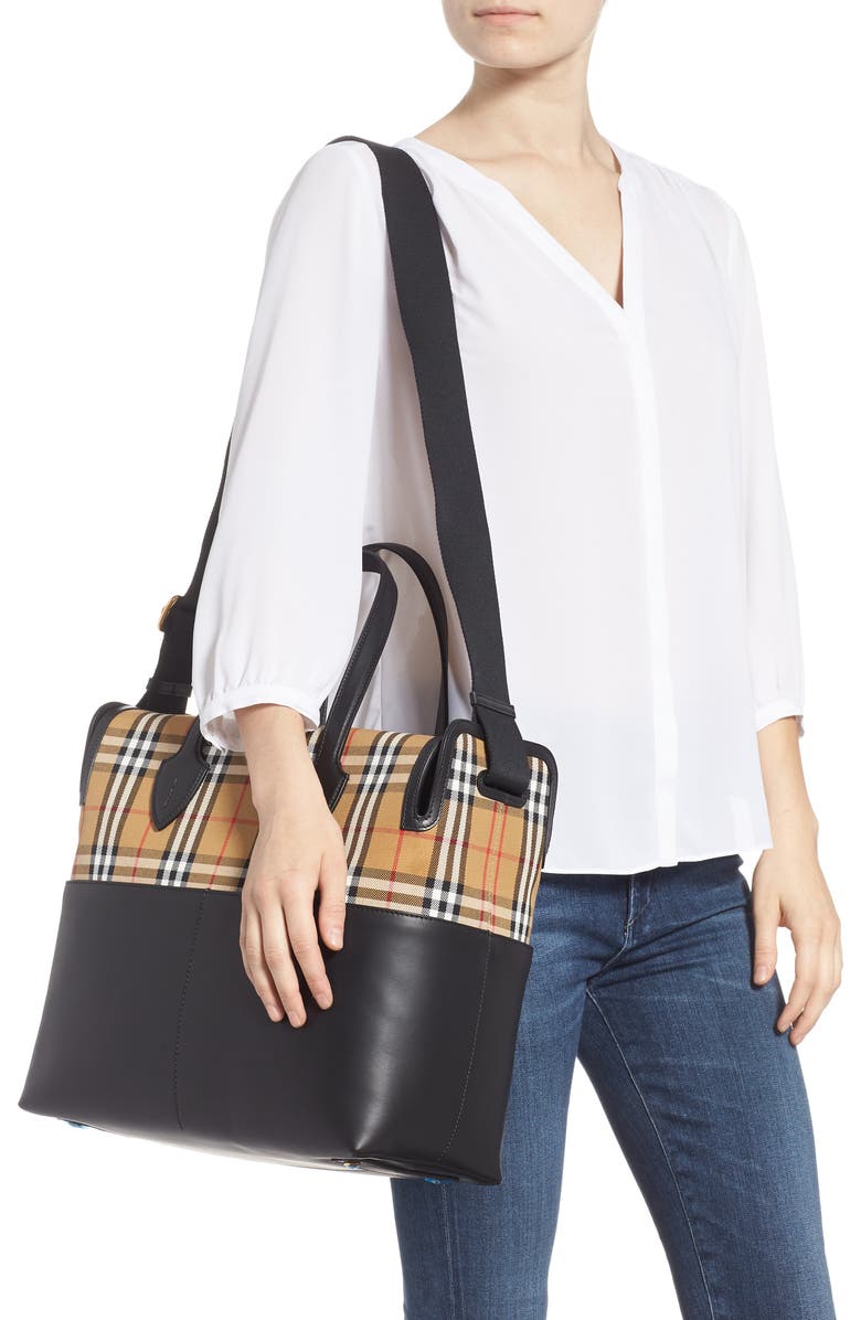 Burberry Kingswood Vintage Check & Leather Diaper Tote, Alternate, color,