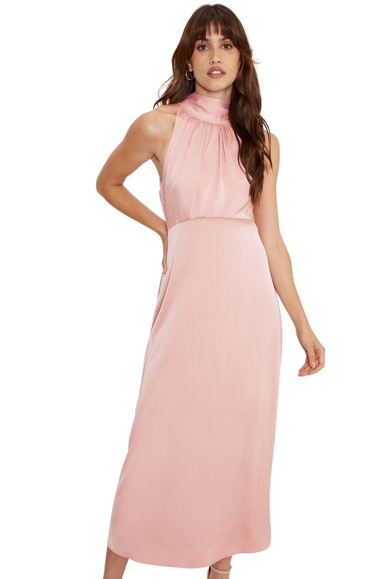 Satin Halter Neck Midi Bridesmaid Dress, Alternate, color, Blush