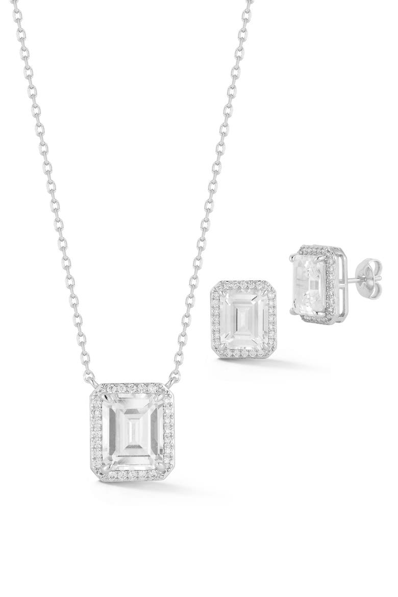 Emerald Cut Cubic Zirconia Pendant Necklace & Earrings Set, Main, color, SILVER