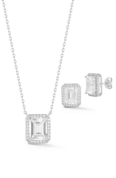 Emerald Cut Cubic Zirconia Pendant Necklace & Earrings Set