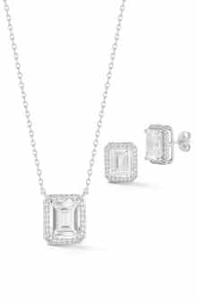 Emerald Cut Cubic Zirconia Pendant Necklace & Earrings Set