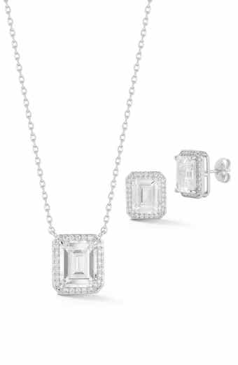 Emerald Cut Cubic Zirconia Pendant Necklace & Earrings Set