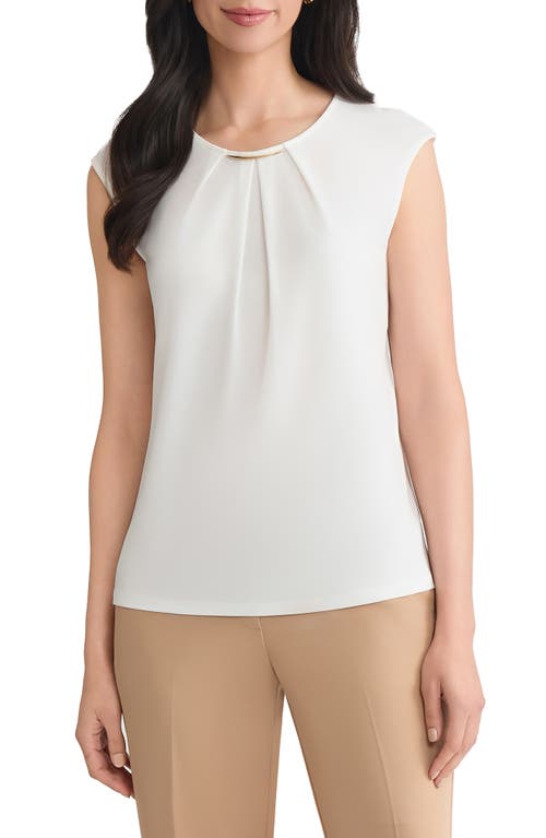 Kasper Metal Accent Gathered Neck Crepe Knit Top In White