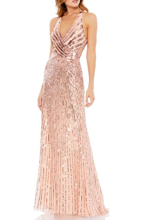 Hand-Embellished Sequin Gown with Cutouts and Crisscross Back