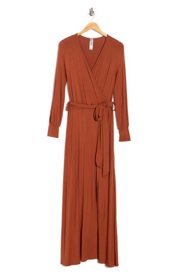 Go Couture Long Sleeve Maxi Wrap Dress In Brown