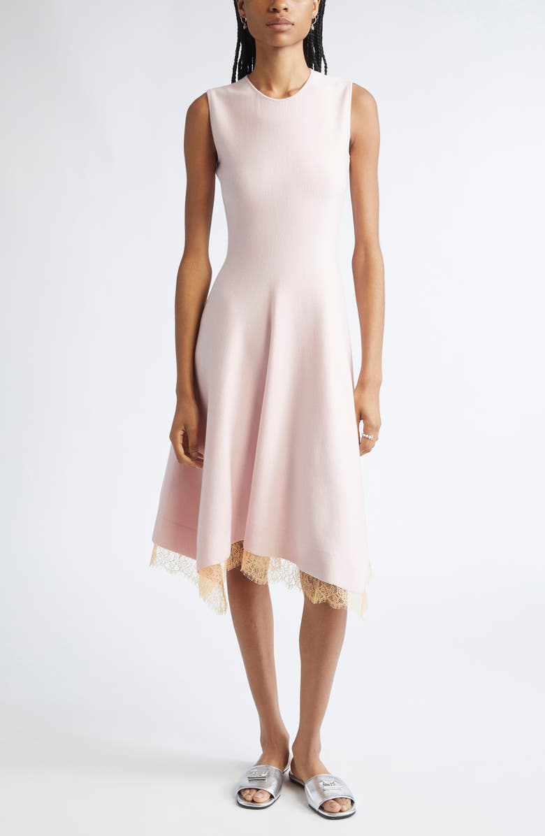 McQueen Lace Trim Asymmetric Wool Blend Knit Dress, Main, color, Rose/ Peach