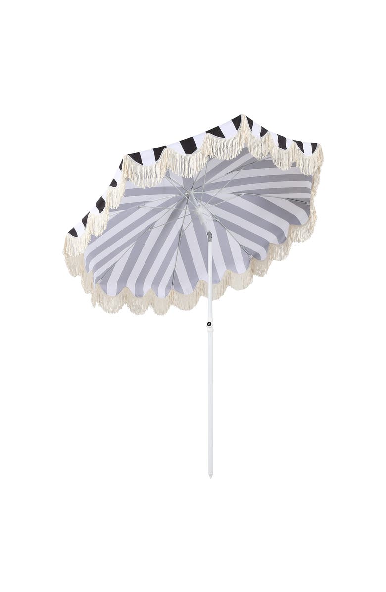 JONATHAN Y Mariner 6.5 ft. Classic Cottage Fringe Tassel Market Beach Umbrella with Push Button Tilt, Alternate, color, Black/White - White Pole