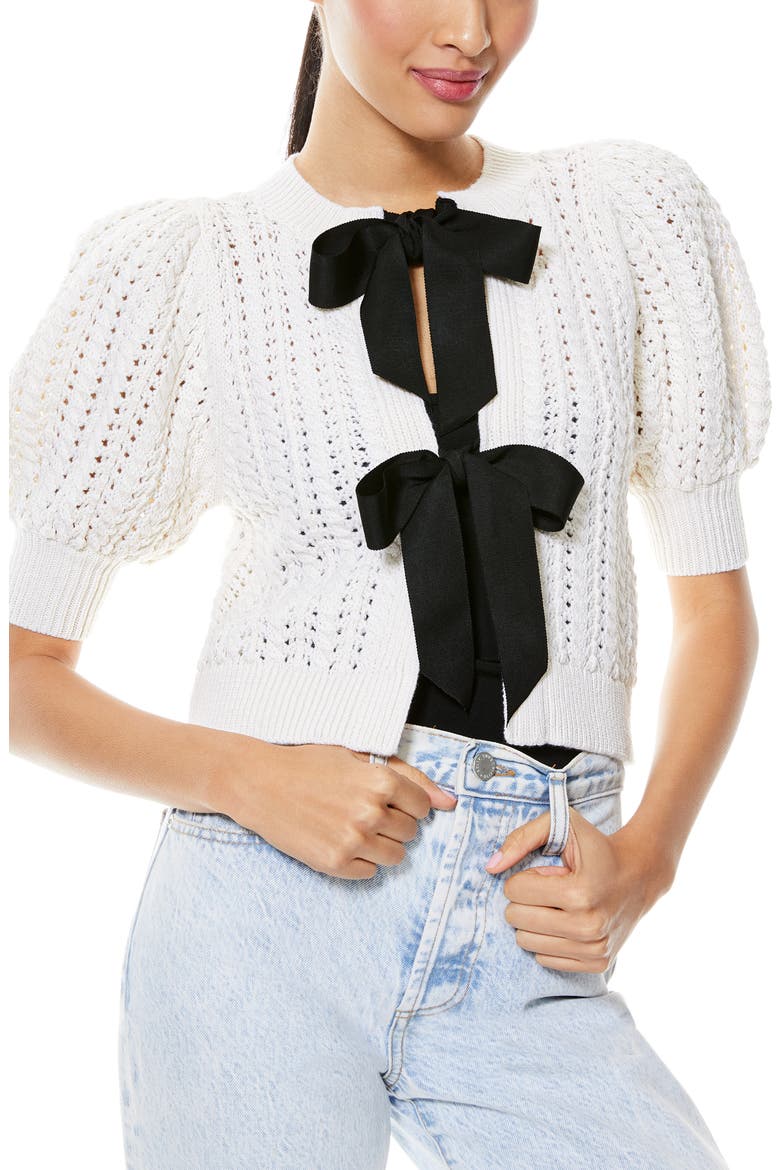 Kitty Bow Front Wool & Cotton Blend Cardigan, Main, color, SOFT WHITE/ BLACK