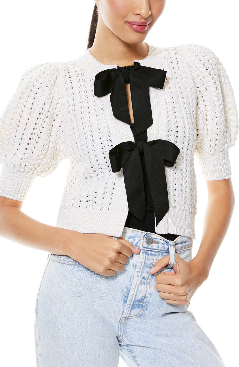 Alice + Olivia Kitty Bow Front Wool & Cotton Blend Cardigan, Main, color,