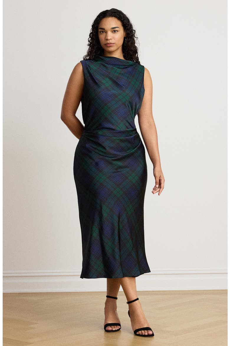 Plaid Satin Charmeuse Sheath Dress, Alternate, color, NAVY BLUE