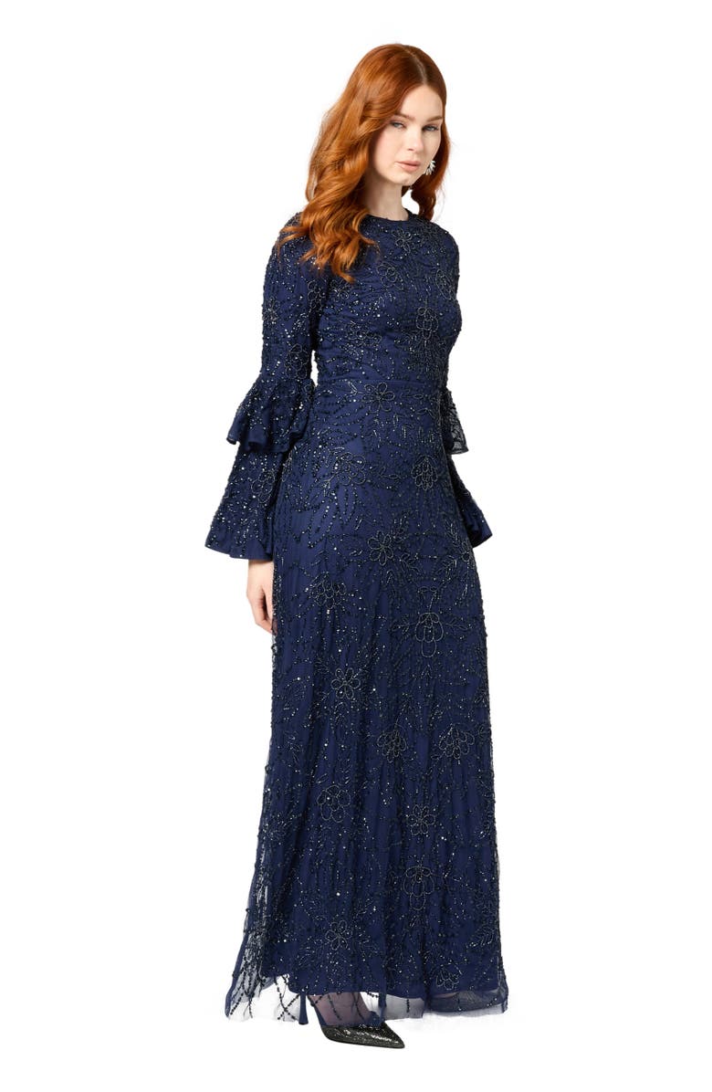 MARYISA Modest Embellished Sequin Beaded Maxi Dress With Frilled Sleeves, Alternate, color, Mid Night Blue