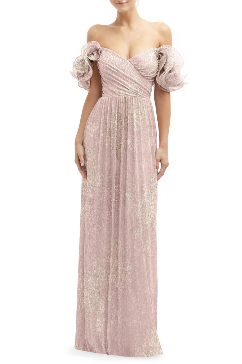 Ruffle Off the Shoulder Metallic Column Gown, Main, color, PINK GOLD