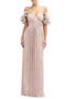 Ruffle Off the Shoulder Metallic Column Gown