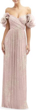 After Six Ruffle Off the Shoulder Metallic Column Gown