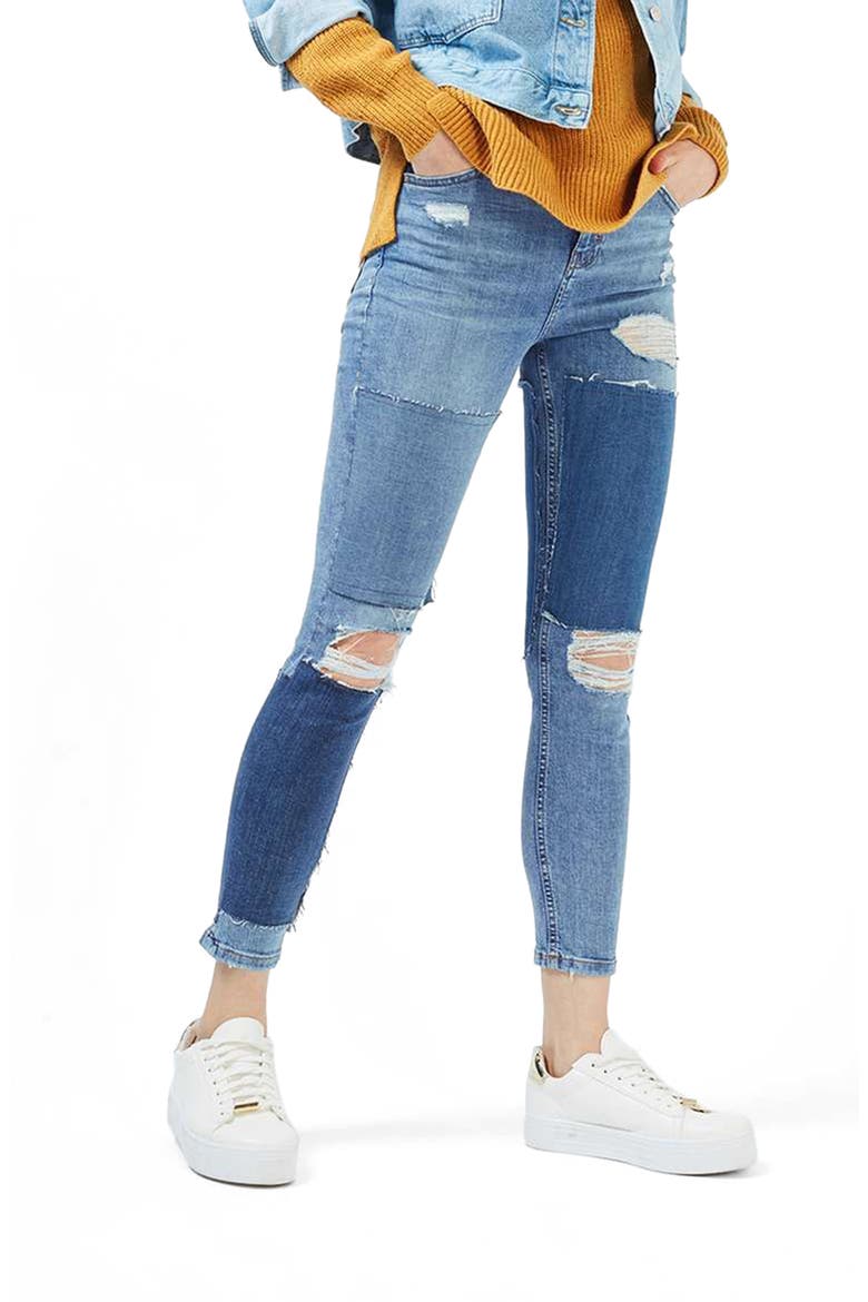 Moto Jamie Rip Panel Skinny Jeans, Main, color, MID DENIM