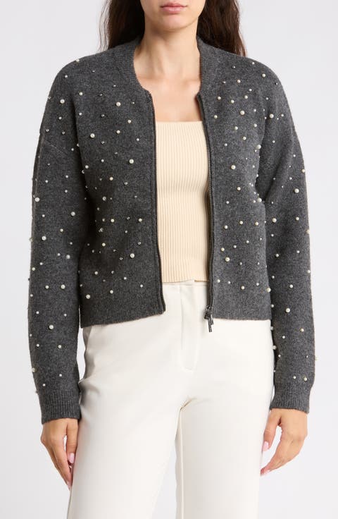Faux Pearl Embellished Sweater Bomber Jacket