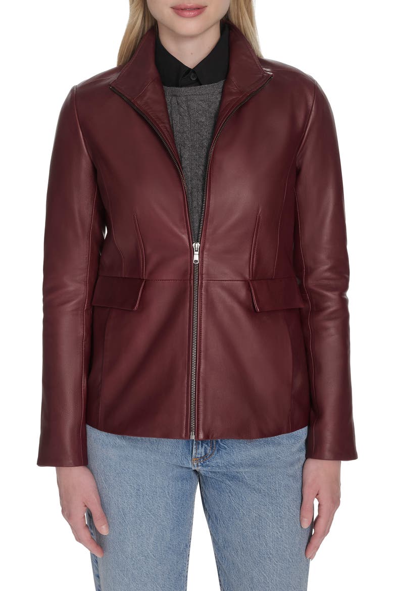 Wing Collar Leather Jacket, Main, color, BURGUNDY