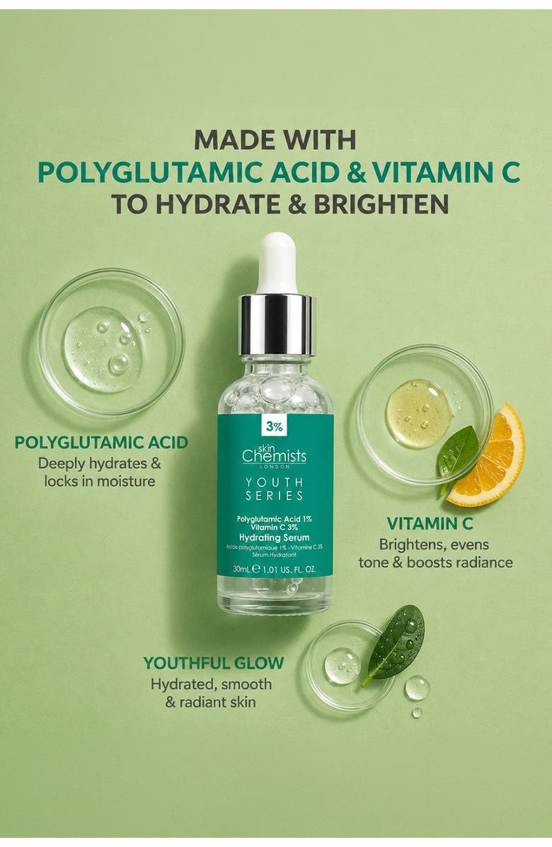 SKINCHEMISTS Youth Series Hydrating Serum Polyglutamic Acid 1%, Vitamin C 3% 30ml for Brightening, Dark Spots, Main, color, White