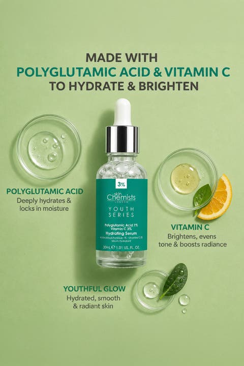Youth Series Hydrating Serum Polyglutamic Acid 1%, Vitamin C 3% 30ml for Brightening, Dark Spots