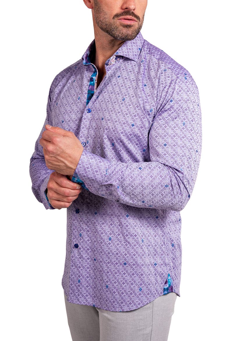 Einstein Ascension0057 Purple Patterned Cotton Button-Up Shirt, Alternate, color, PURPLE