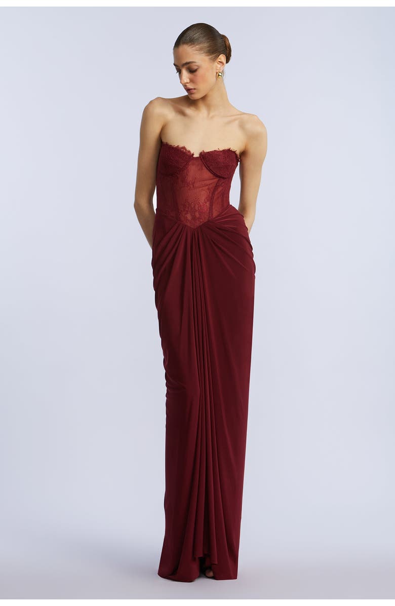 BCBGMAXAZRIA Lace & Jersey Gown, Main, color, Cabernet