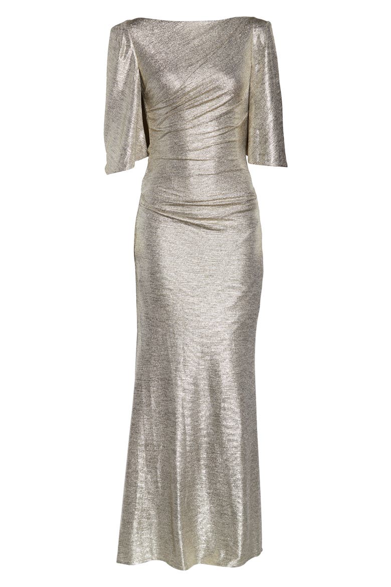 Capelet Sleeve Ruched Evening Gown, Alternate, color, GOLD