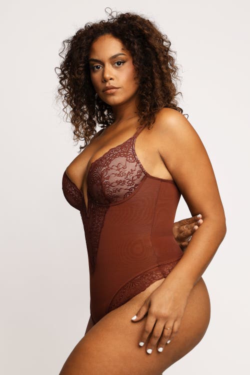 Popilush Shapewear Lace Deep V-neck Sculpting Thong Bodysuit In Deep Coffee