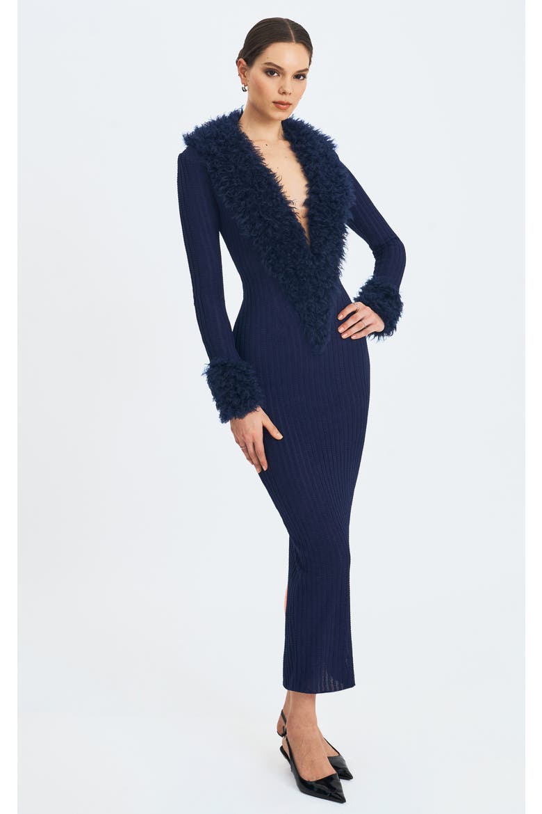 Romina Plunging Fur Trimmed Crochet Maxi Dress, Alternate, color, Navy
