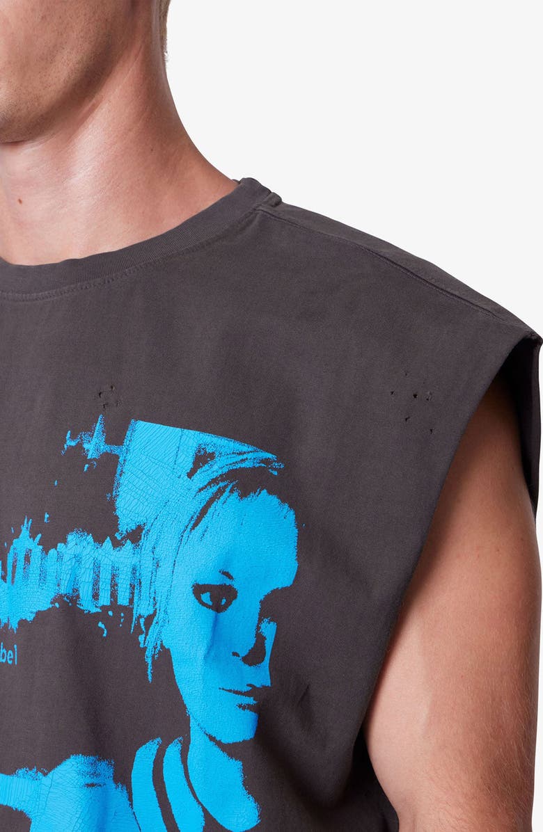 mnml Sleeveless Distressed Graphic Cutoff T-Shirt, Alternate, color, Washed Black